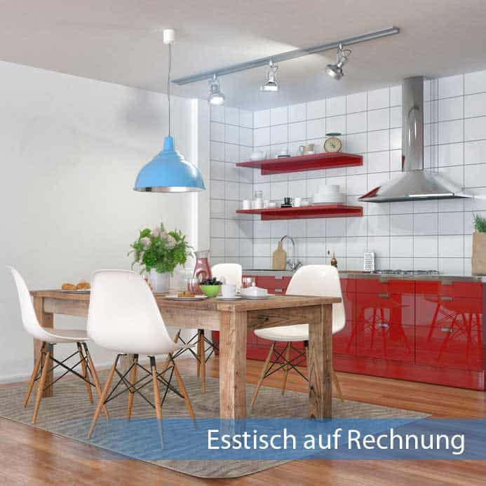 Esstisch auf Rechnung aus massivem dunklen Holz in moderner roter Küche